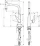 Spültischmischer von Hansgrohe mit Ausziehauslauf und einstellbarem Wasserstrahl. Technische Zeichnung mit Maßen, Anschlussdetails und Designansichten.